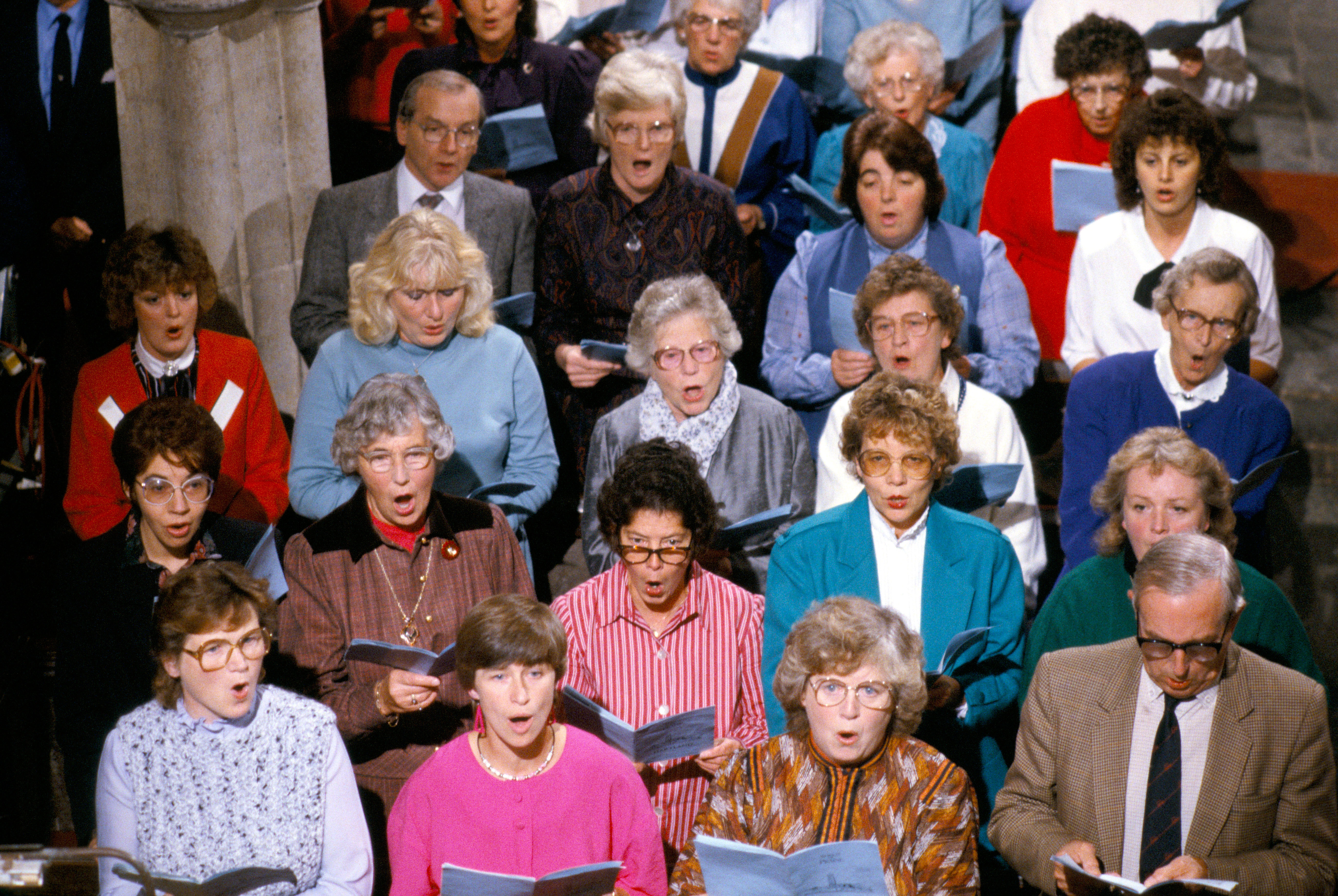Church congregation, BBC One TV crew, outside broadcast Song of Praise. Parish church Saint Nectan at Stoke, Hartland, Devon 1990s 1995 England